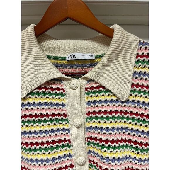 Zara Lapel Collar Rainbow Stripe Short Sleeve Cardigan Sweater Sz M EUC - Picture 2 of 7